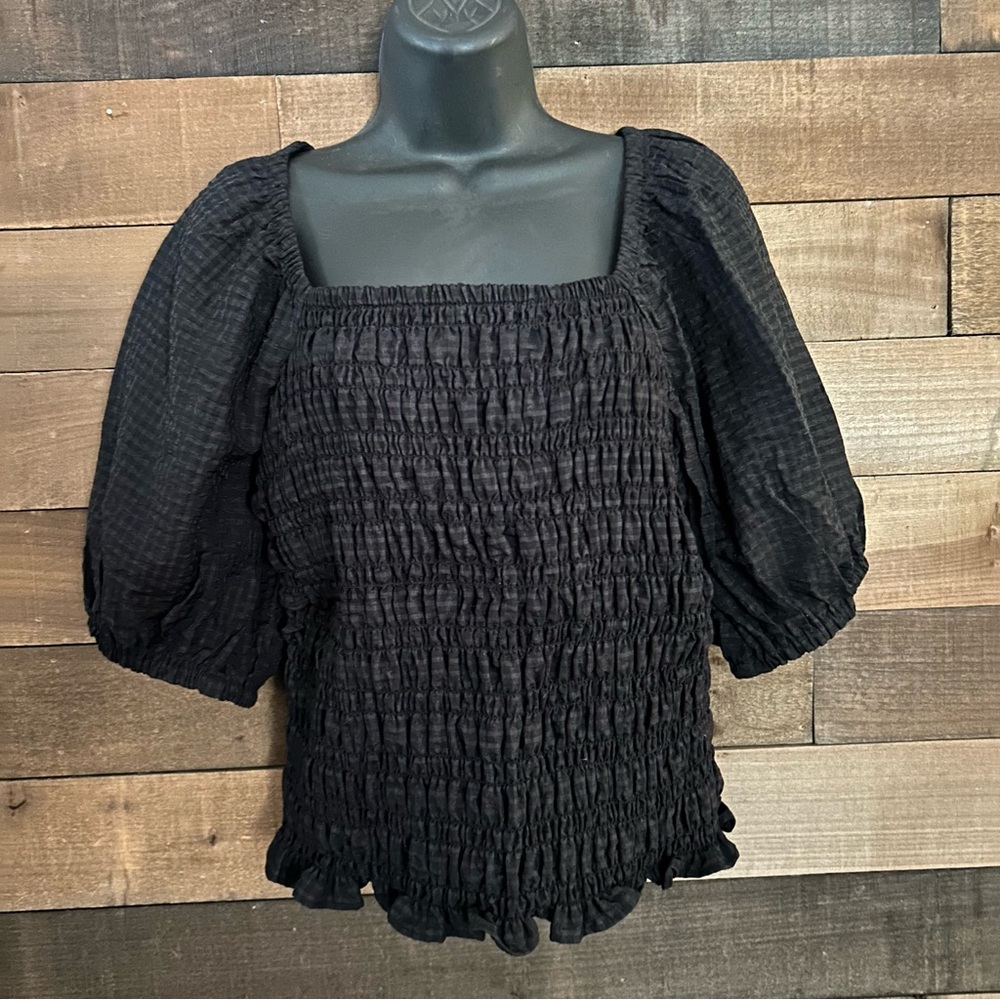 Black Smocked Puff Sleeve Top